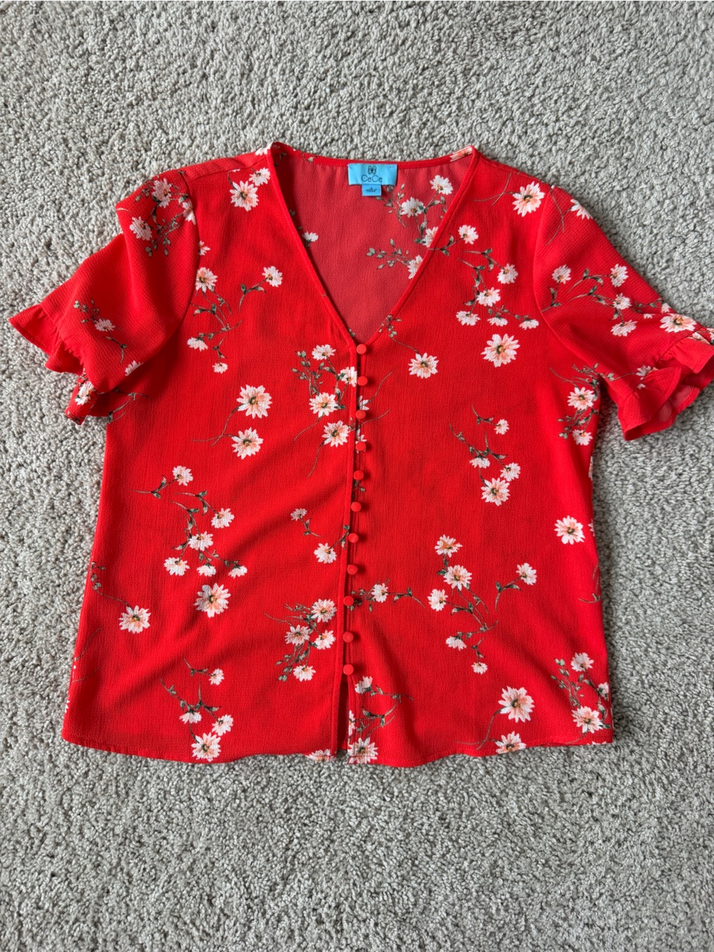 CeCe Red Floral Button-Front Blouse